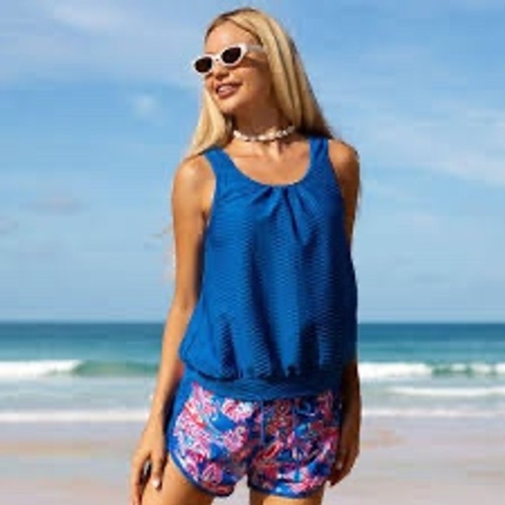 Popvil Blue Chevron Blouson Tankini & Floral Swim Shorts Set Women XXL NEW